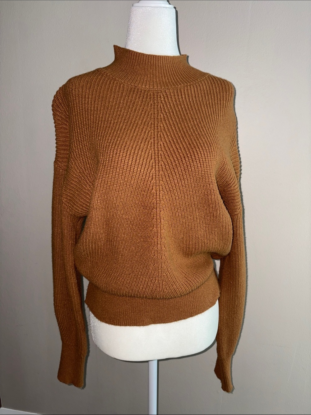 Elodie Ribbed Cowl-Neck Sweater in Camel Brown
